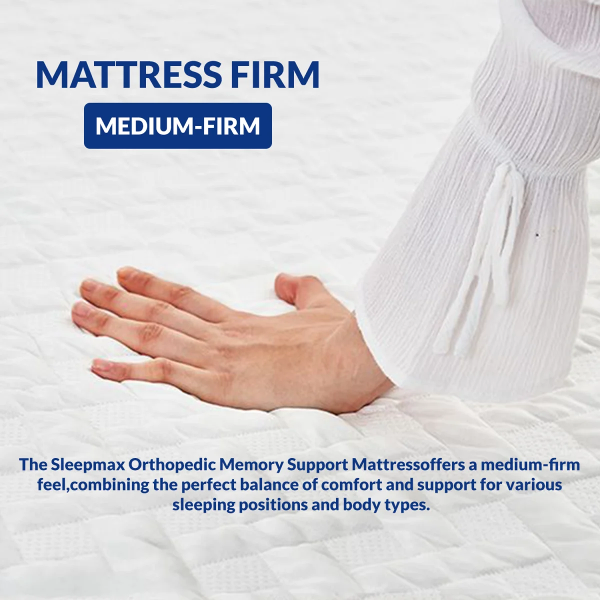 A hand pressing on an orthopedic mattress, showcasing its firm yet comfortable support.