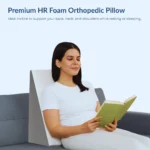 Woman reclining on orthopedic wedge pillow for back and neck support