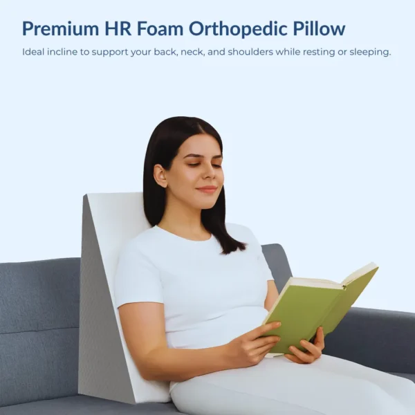 Woman reclining on orthopedic wedge pillow for back and neck support